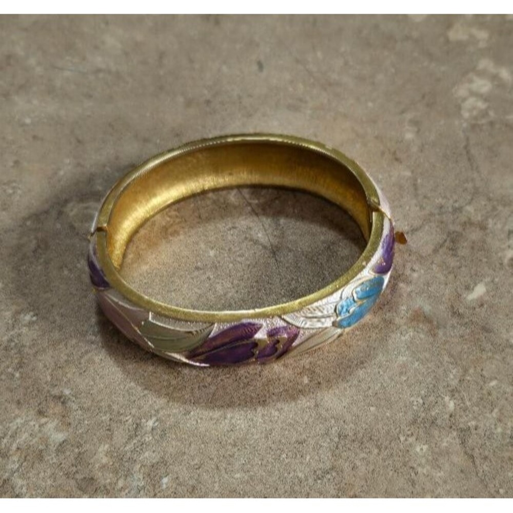 Park Lane Bangle Bracelet Hinged Floral Pastel Pink Purple Tulips Golden Vintage